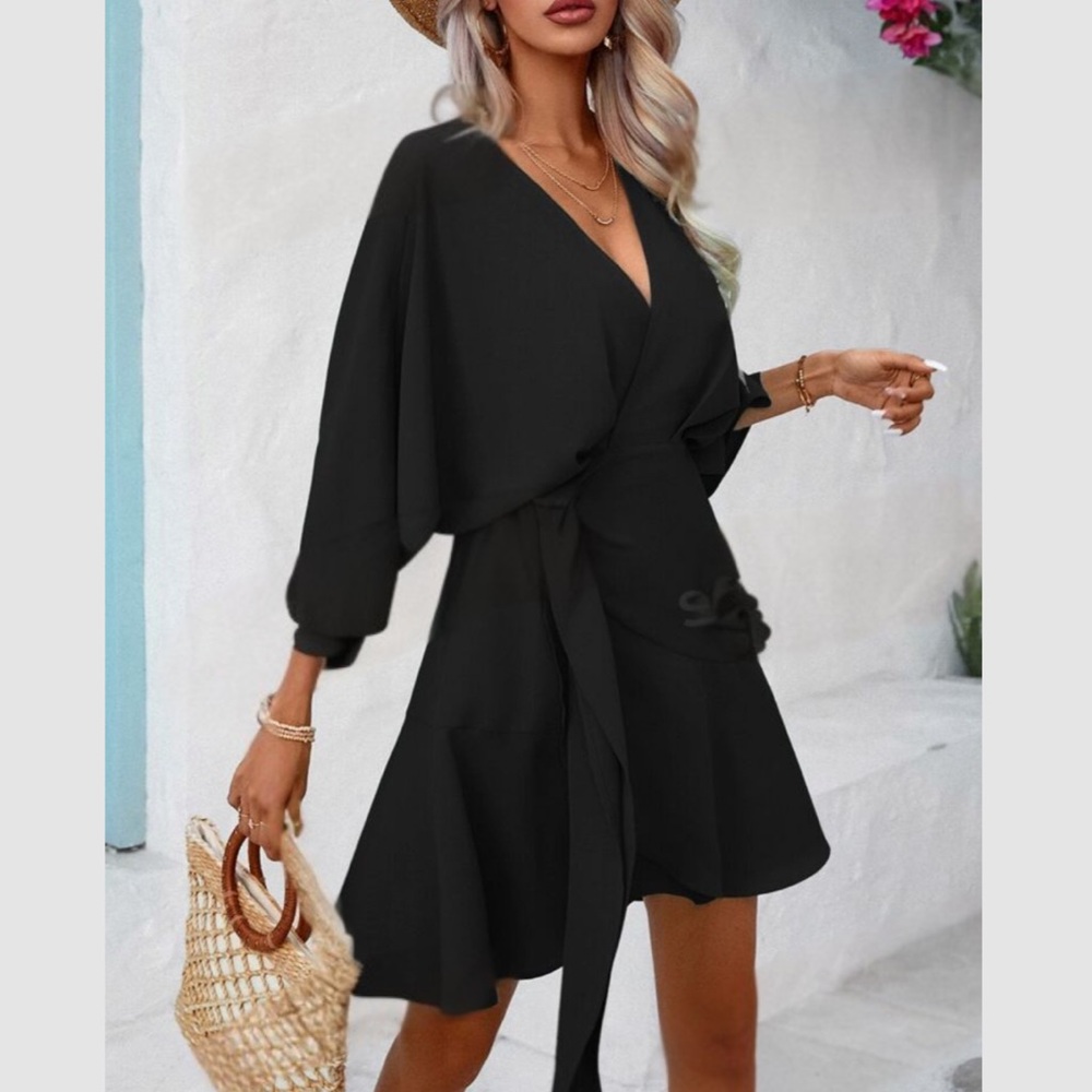 Luxe batwing sleeve belted wrap detail dress